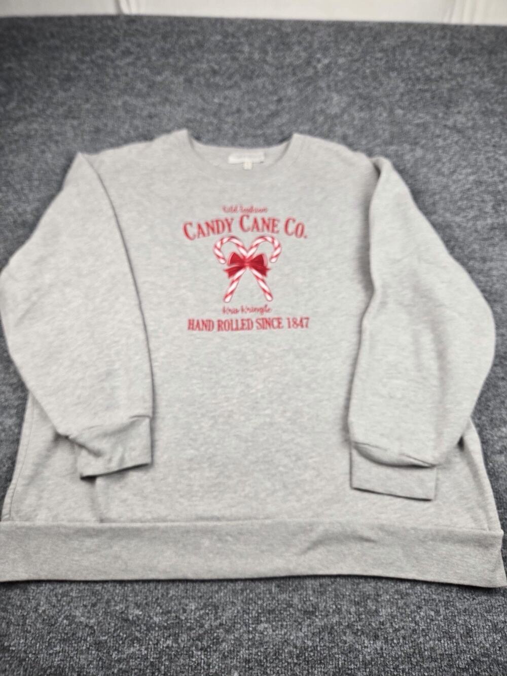 State of Mine Candy Cane Gray Holiday theme embroidered sweatshirt XXL #995